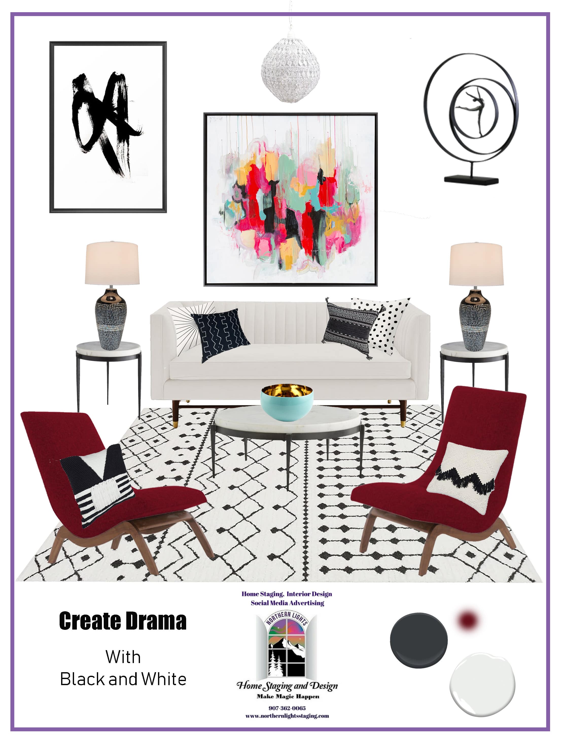 Get Dramatic with Black and White! Using black and white in your Interior Design to make the rest of our colors really pop and create drama. Edesign by Northern Lights Home Staging and Design. #color #colorconsulting #Interiordesign #edesign #bohemian #interiordecorating #paint #colors #homestyling #homedecor #homedesign #moderndecor #colorfuldecor #interiordecor #beautifulhomes #homeinspo #decorinspo #homeinspo #decorating #interiorstyle #homestyle #colorstrategy #colorconsultant #interiorpaintcolors #exteriorpaintcolors #paintingtips #colortips #interiorcolor #colorfuldecor #bohemian #global #blackandwhite #99664 #alaska # #99501 #anchorage #KenaiPeninsula