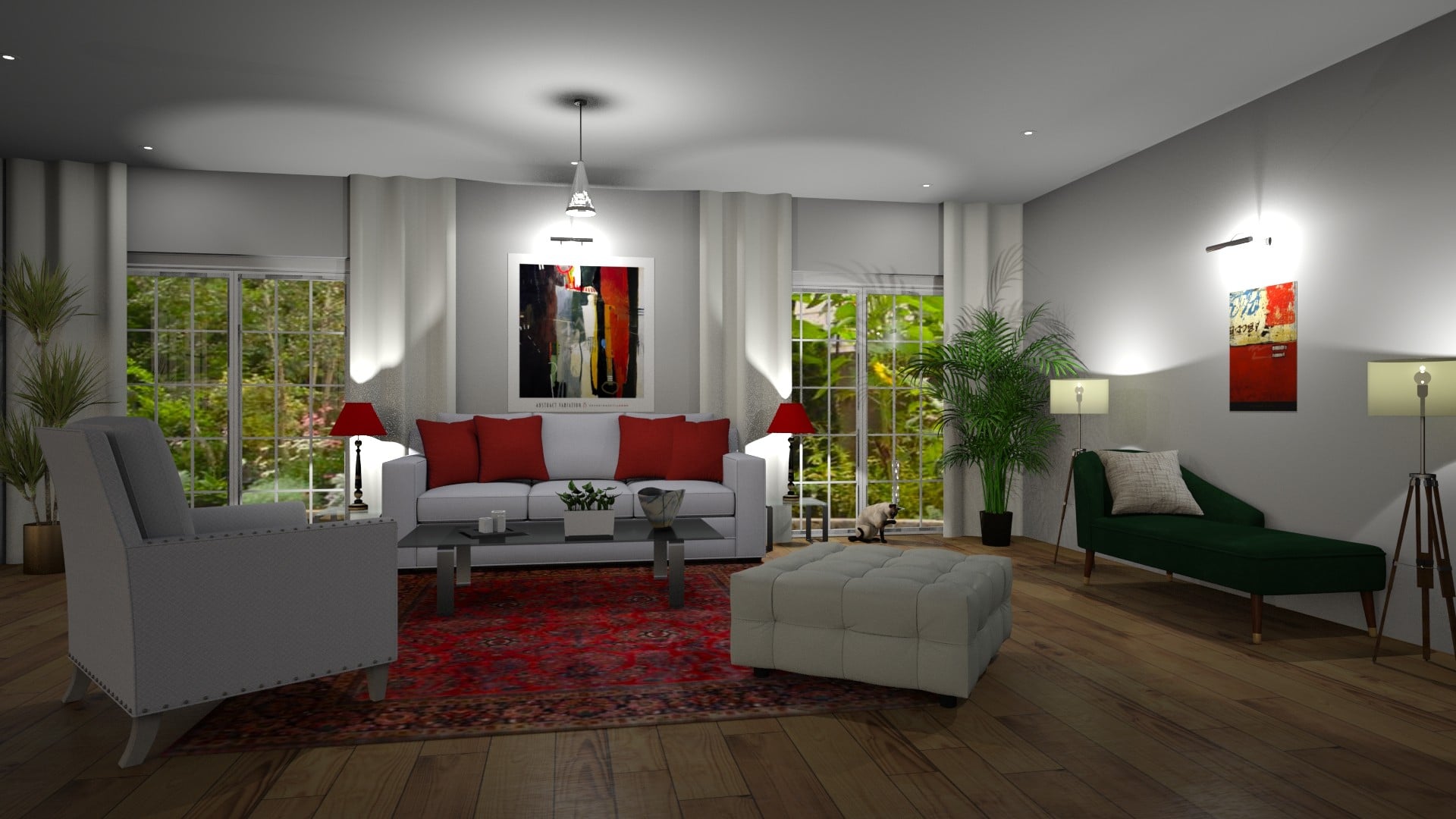 Modern Global Living room using Sherwin Williams Knitting Needles.