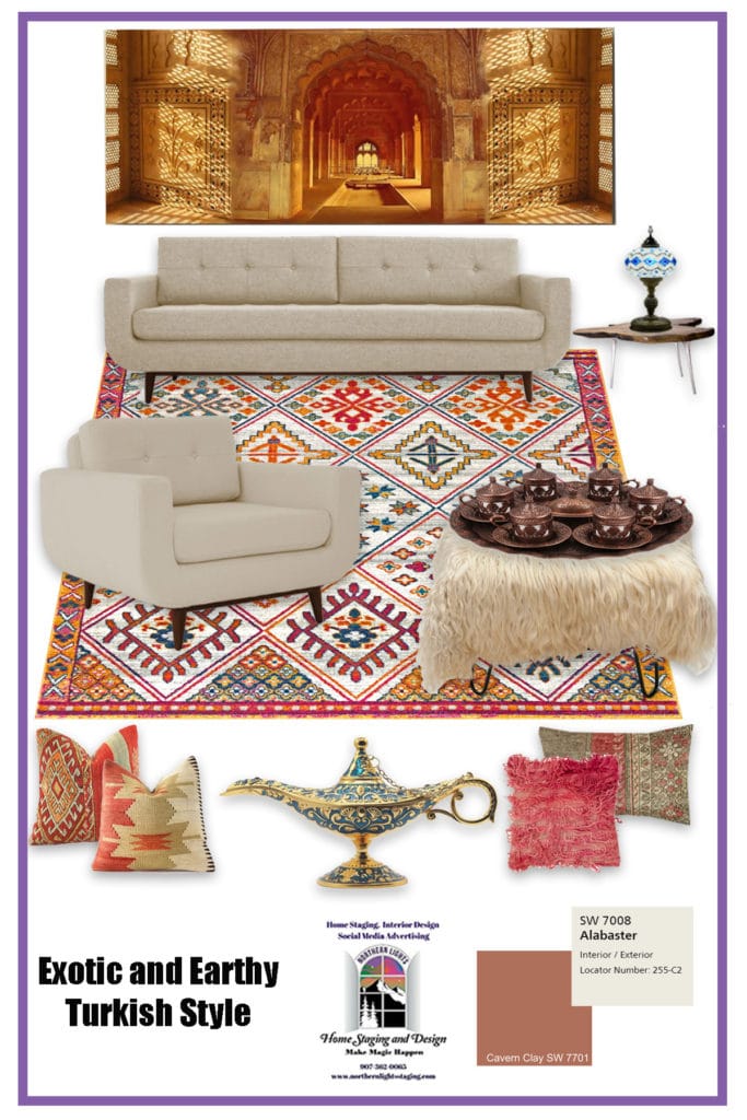 Turkish style moodboard using Cavern Clay. Design by Northern Lights Home Staging and Design