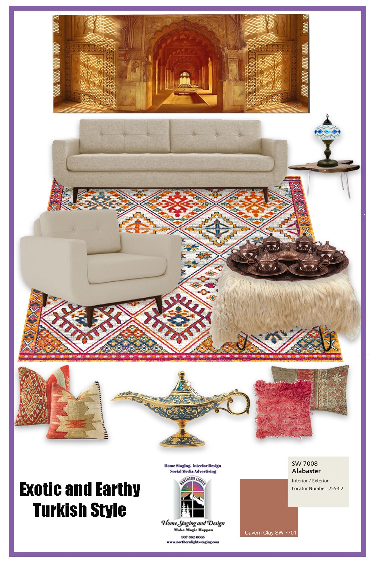 Turkish style living room moodboard using Cavern Clay. EDesign by Northern Lights Home Staging and Design.#color #colorconsulting #Interiordesign #edesign #bohemian #interiordecorating #paint #colors #homestyling #homedecor #homedesign #moderndecor #colorfuldecor #interiordecor #beautifulhomes #homeinspo #decorinspo #homeinspo #decorating #interiorstyle #homestyle #colorstrategy #colorconsultant #interiorpaintcolors #exteriorpaintcolors #paintingtips #colortips #interiorcolor #colorfuldecor #bohemian #global #99664