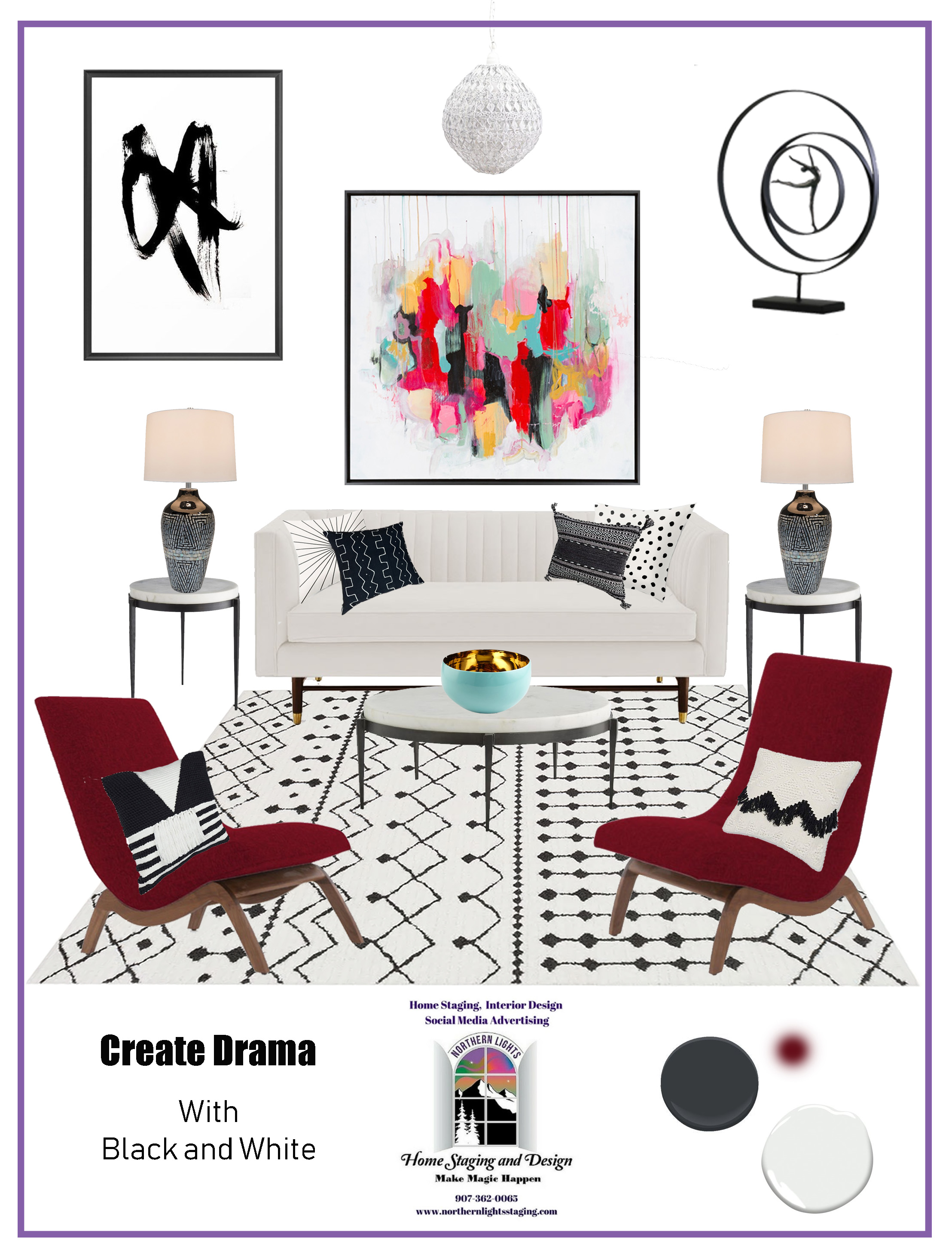 Get dramatic with Black and White. Get the look- Black and white Bohemian Style. #blackandwhite #bohemian #boho #globaldesign #interiordesign #homedecor #virtualdesign #edesign #colorfulhome