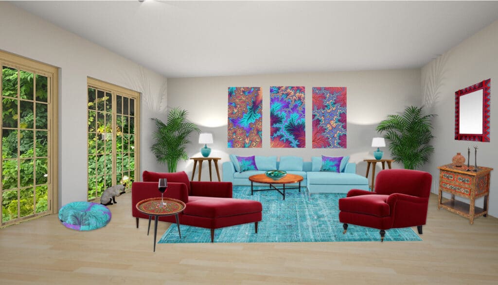 Bohemian style living room by Northern Lights Home Staging and Design inspired by one of a kind fractal art created for the design by Mary Ann Benoit.