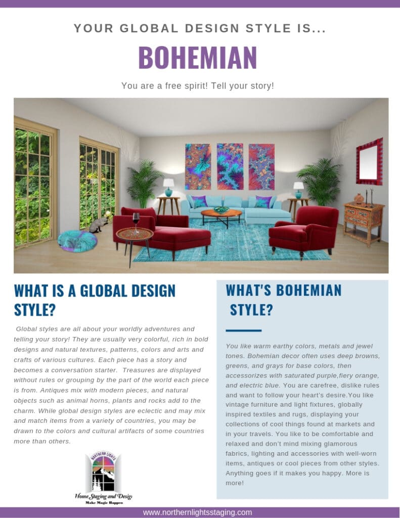 Bohemian Style characteristics and elements by Northern Lights Home Staging and Design #bohemian #boho #designstyle #globalstyle #interiordesignstyle