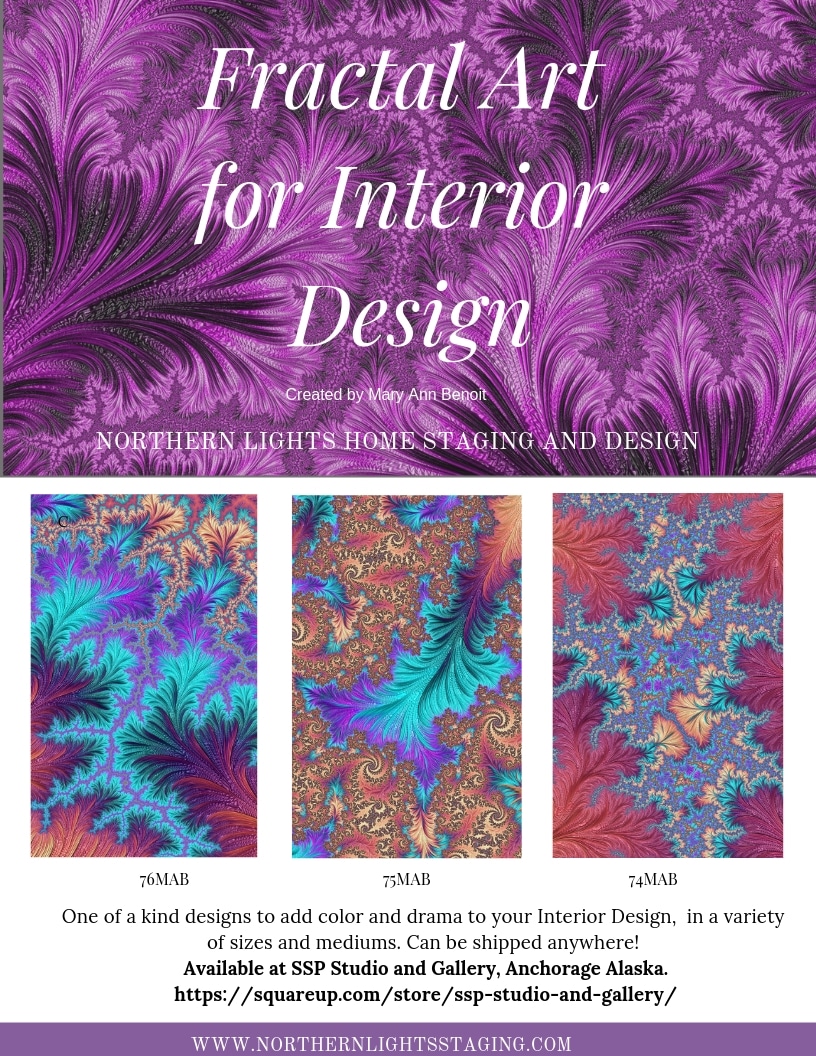 One of a kind fractal art for Interior Design by Mary Ann Benoit of Northern Lights Home Staging and Design available for sale at SSP Studio and Gallery in Anchorage AK. Shipping available everywhere.