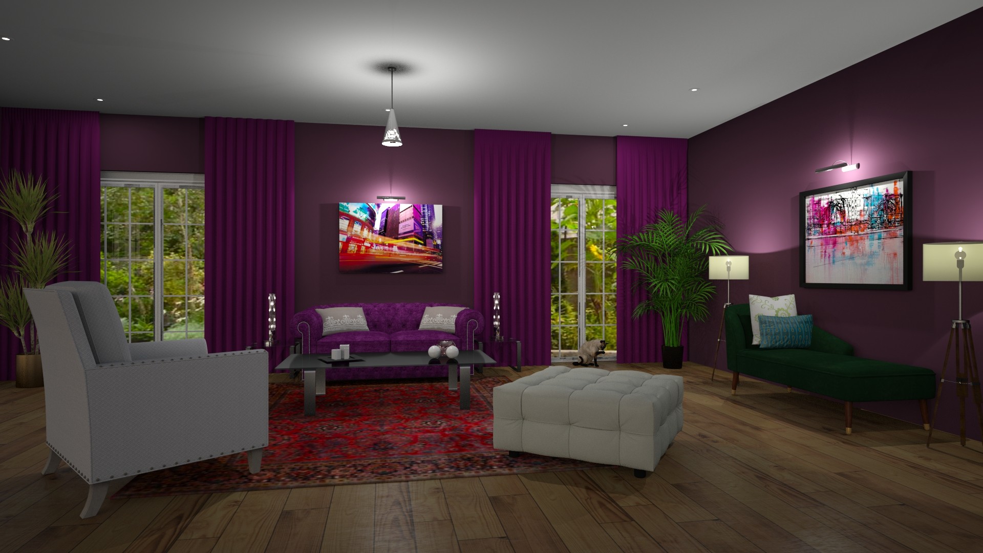 Modern Global Edesign of a Living room using Benjamin Moore Regal Select Grape Juice 