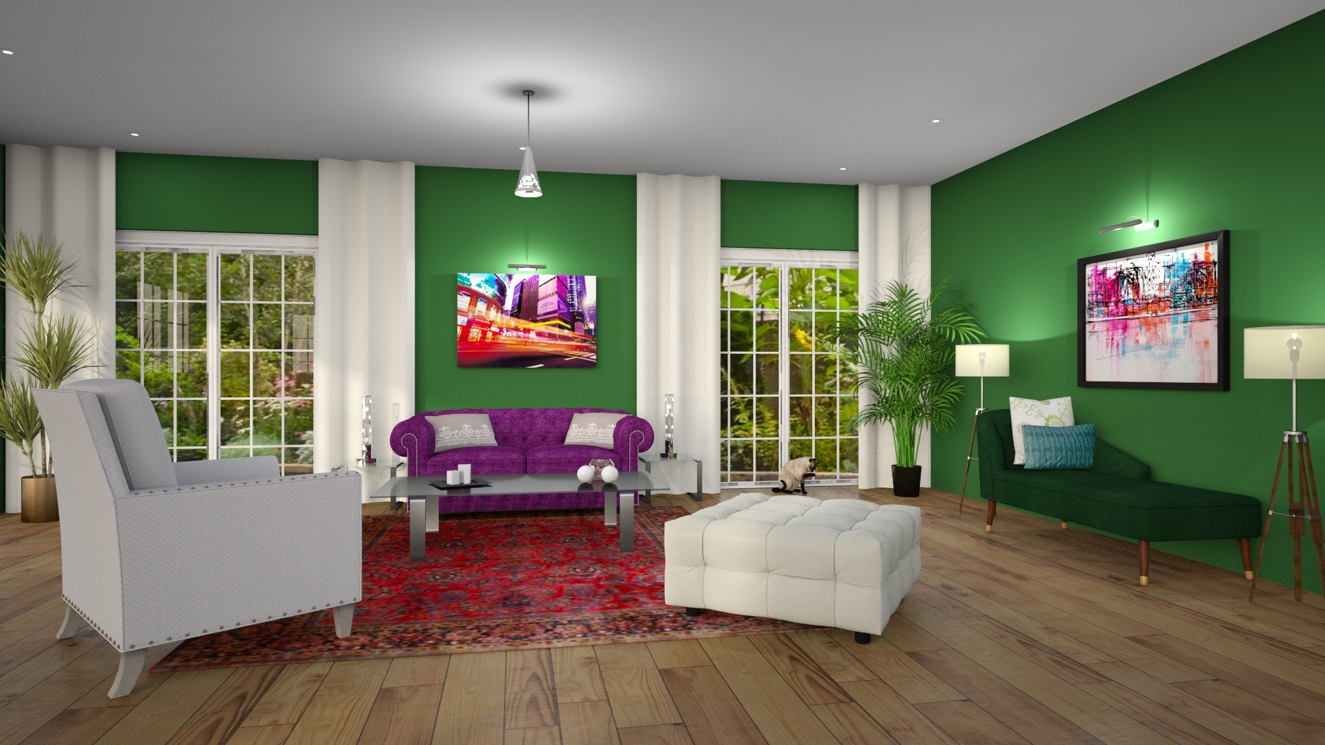 Modern Global Edesign of a Living room using Benjamin Moore's Clover Green.