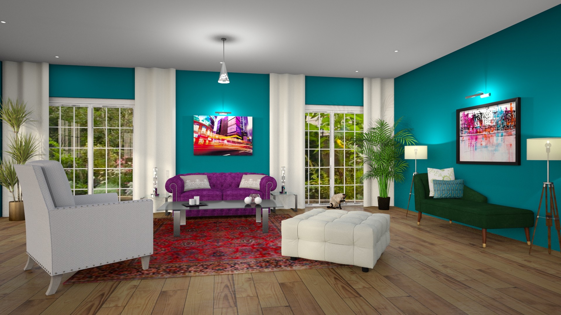 Modern Global Edesign of a Living room using Benjamin Moore's Jade Garden.