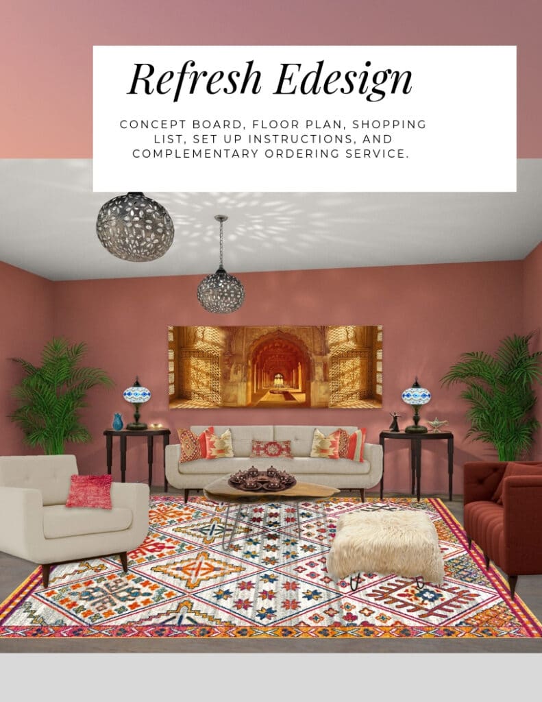 Refresh Edesign Package by Northern Lights Home Staging and Design. Concept board, floor plan, shopping list, set up instructions and complimentary ordering service. #edesign #refreshedesign #onlinedesign #interiordesign #globaldesign #colorconsulting