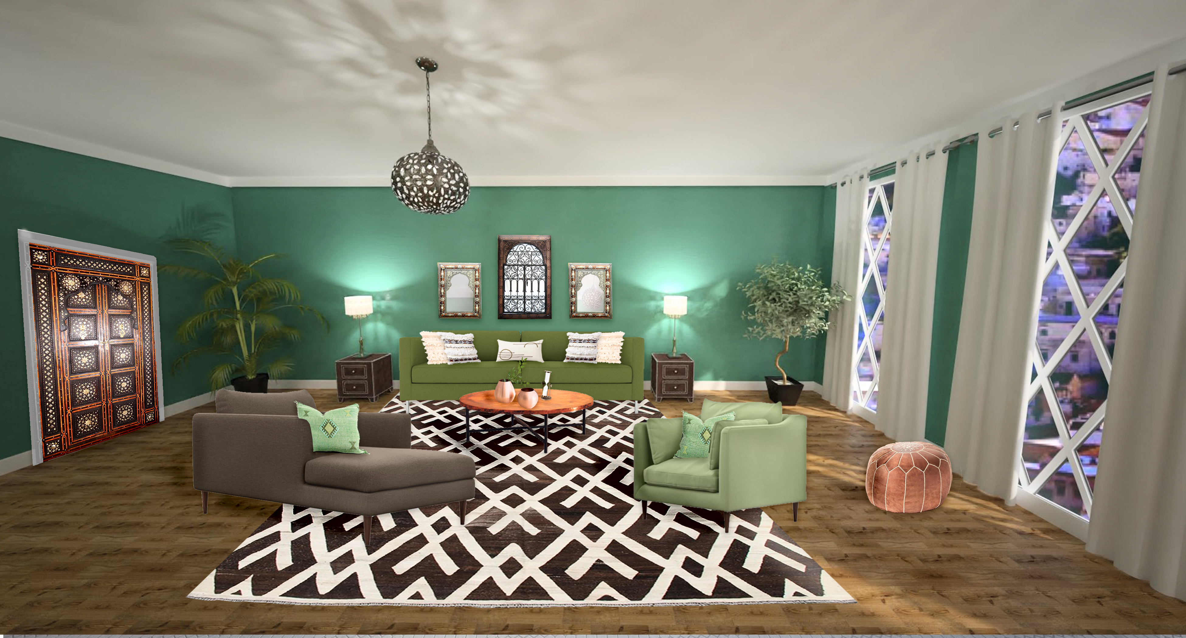 Moroccan style Living Room 3D render by Northern Lights Home Staging and Design. www.northernlightsstaging.com. #moroccan #kilimrug #bohemian #globalstyle #interiordesign