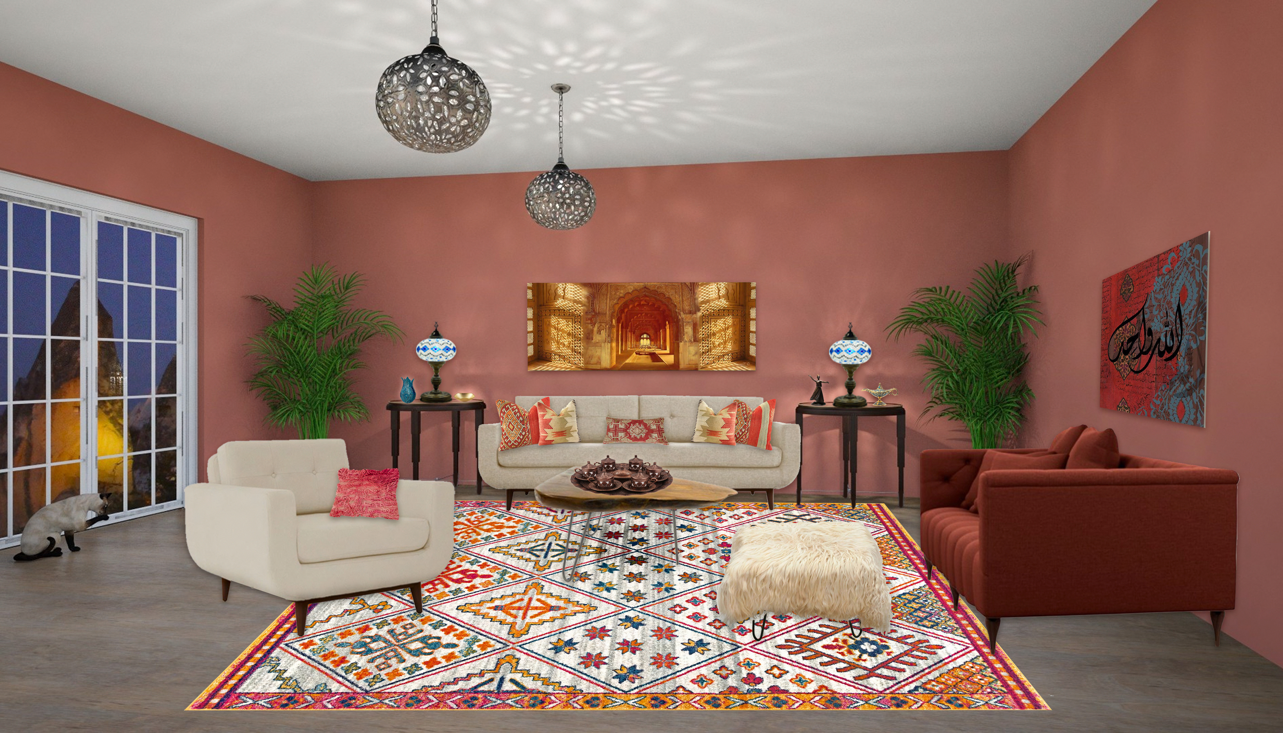 Turkish Style Living Room using Cavern Clay on the walls. EDesign by Mary Ann Benoit, Northern Lights Home Staging and Design. Edesign #color #colorconsulting #Interiordesign #edesign #bohemian #interiordecorating #paint #colors #homestyling #homedecor #homedesign #moderndecor #colorfuldecor #interiordecor #beautifulhomes #homeinspo #decorinspo #homeinspo #decorating #interiorstyle #homestyle #colorstrategy #colorconsultant #interiorpaintcolors #exteriorpaintcolors #paintingtips #colortips #interiorcolor #colorfuldecor #bohemian #global #99664