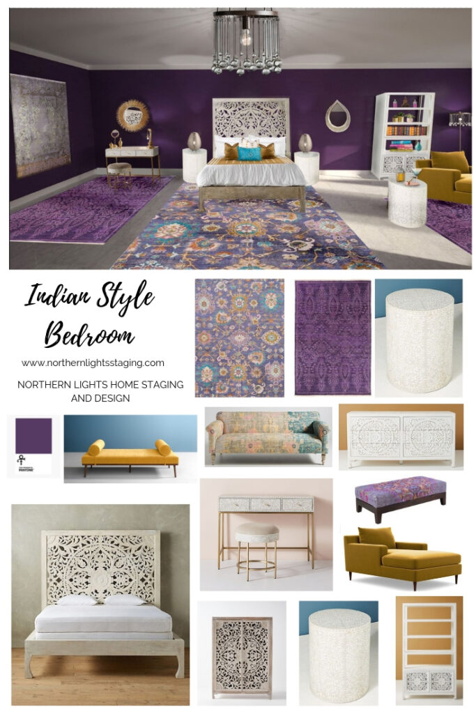 Get the Look-Indian Style Interior Design. Beautiful bedroom design incorporates the essence of Indian style design which is laid back, earthy, vibrant and luxurious. Love purple? This design uses Pantone’s color Love Symbol #2, celebrating Prince. #globalstyle #interiordesign #mexicanstyle #bohemian #globaldecor #furniture #livingroom #eco-friendly #interiordecorating #edesign #onlinedesign #homedecor #moderndesign #interiordecorating #edesign #onlinedesign #homedecor #moderndesign #bedroom #lovesymbol#2 #prince #purple #luxuriousbedroom