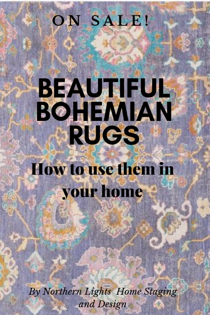 Beautiful Bohemian rugs and how to use them for Bohemian or modern global Interior Design. On sale, 60% off and free shipping through August 4, 2019. #interiordesign #bohemian #rugs