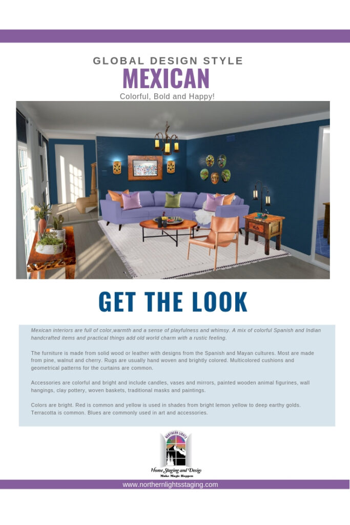 Global Design Style-Mexican. Get the Look. Eco-friendly and sustainable Living room design by Northern Lights Home Staging and Design #globalstyle #interiordesign #mexicanstyle #bohemian #globaldecor #furniture #livingroom #eco-friendly #sustainabledesign #interiordecorating #edesign #onlinedesign #homedecor #moderndesign