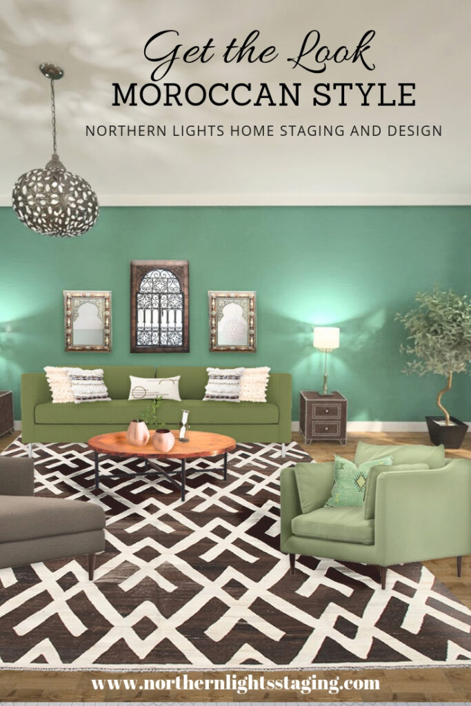 Get the Look- Moroccan Style. Edesign of Moroccan style living room by Northern Lights Home Staging and Design.#globalstyle #interiordesign #moroccanstyle #bohemian #globaldecor #furniture #livingroom #eco-friendly #sustainabledesign #interiordecorating #edesign #onlinedesign #homedecor #moderndesigno-friendly #sustainabledesign #interiordecorating #edesign #onlinedesign #homedecor #moderndesign