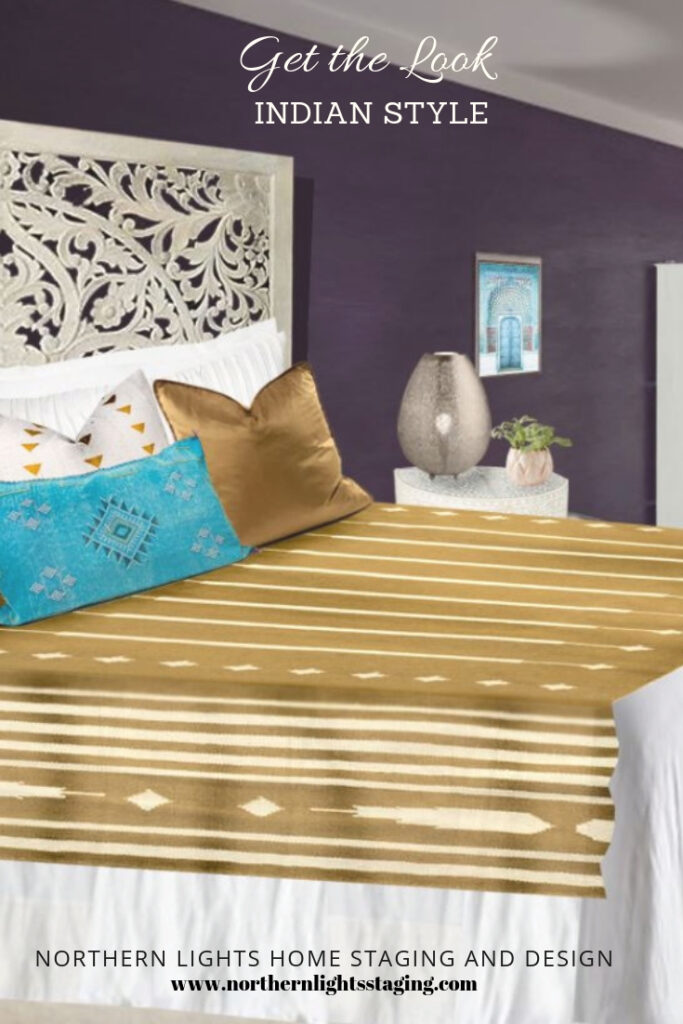 Indian Style bedroom. Global style design. Colorful and luxurious, using hand crafted and traditional products from India.#globalstyle #interiordesign #virtualdesign #onlinedesign #indianstyle #bedroom #purple #lovesymbol#2 #ethnicdesign