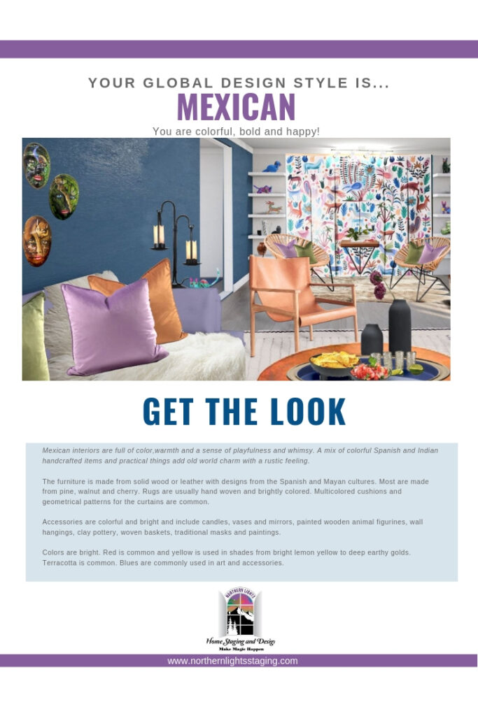 Global Design Style-Mexican. Get the Look. Eco-friendly and sustainable Living room design by Northern Lights Home Staging and Design #globalstyle #interiordesign #mexicanstyle #bohemian #globaldecor #furniture #livingroom #eco-friendly #sustainabledesign #interiordecorating #edesign #onlinedesign #homedecor #moderndesign
