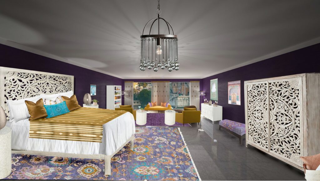 Global Design Style-Indian. Laid back, earthy, vibrant and luxurious. Indian design creates inviting, informal, relaxed spaces filled with bright colored hand spun fabrics with paisley patterns, floor cushions around colorful rugs, intricate mandala motifs and nature-inspired themes with flowers, birds, animals. Beautiful bedroom design by Northern Lights Home Staging and Design #globalstyle #interiordesign #mexicanstyle #bohemian #globaldecor #furniture #livingroom #eco-friendly #sustainabledesign #interiordecorating #edesign #onlinedesign #homedecor #moderndesigno-friendly #sustainabledesign #interiordecorating #edesign #onlinedesign #homedecor #moderndesign
