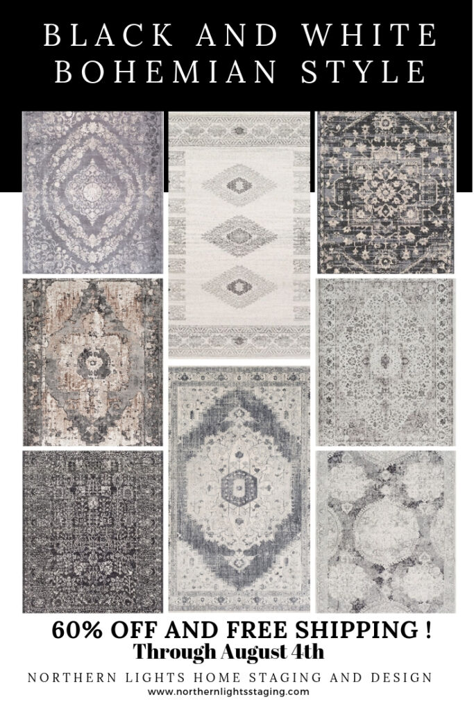 Add drama to your decor and the get the look of Bohemian style with these beautiful black and white rugs. 60% off and free shipping through Aug 4. #rugs #sale #bohemian #boho #globalstyle #moroccan #turkish #livingroom #homedecor #blackandwhite #virtualdesign #interiordesign #interiordecorating #affiliate