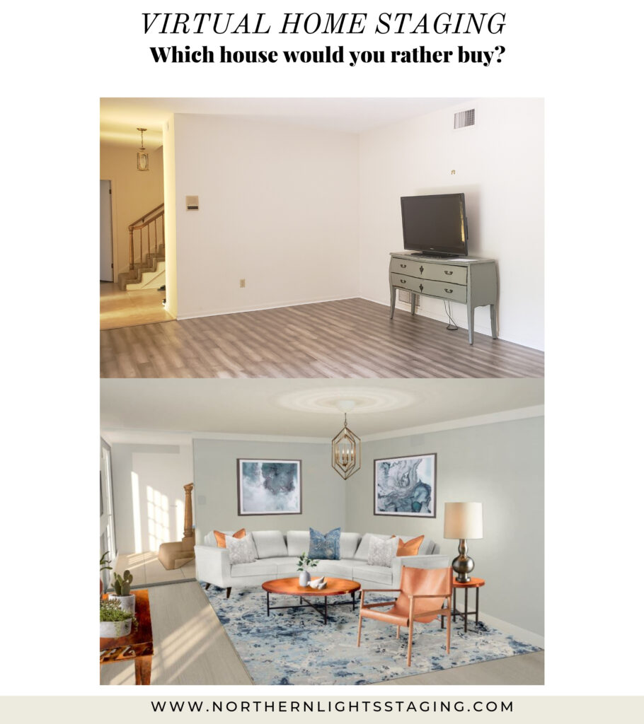 Virtual Staging- 3D Render- Before. Northern Lights Home Staging and Design