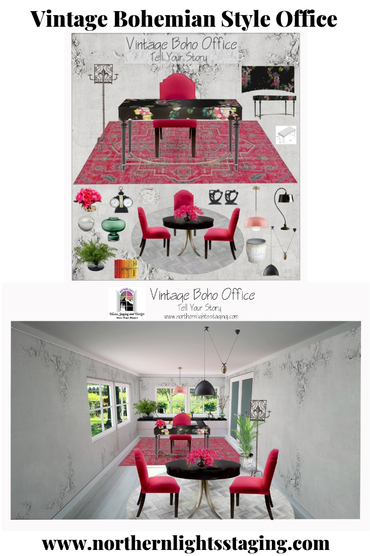 Edesign Tribe Office Design Contest- Vote now! Vintage Boho Office Design by Northern Lights Home Staging and Design #edesigntribe #edesign #vintage #vintageboho #officedesign #globalstyle #colorfuloffice