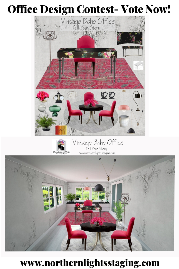 Edesign Tribe Office Design Contest- Vote now! Vintage Boho Office Design by Northern Lights Home Staging and Design #edesigntribe #edesign #vintage #vintageboho #officedesign #globalstyle #colorfuloffice