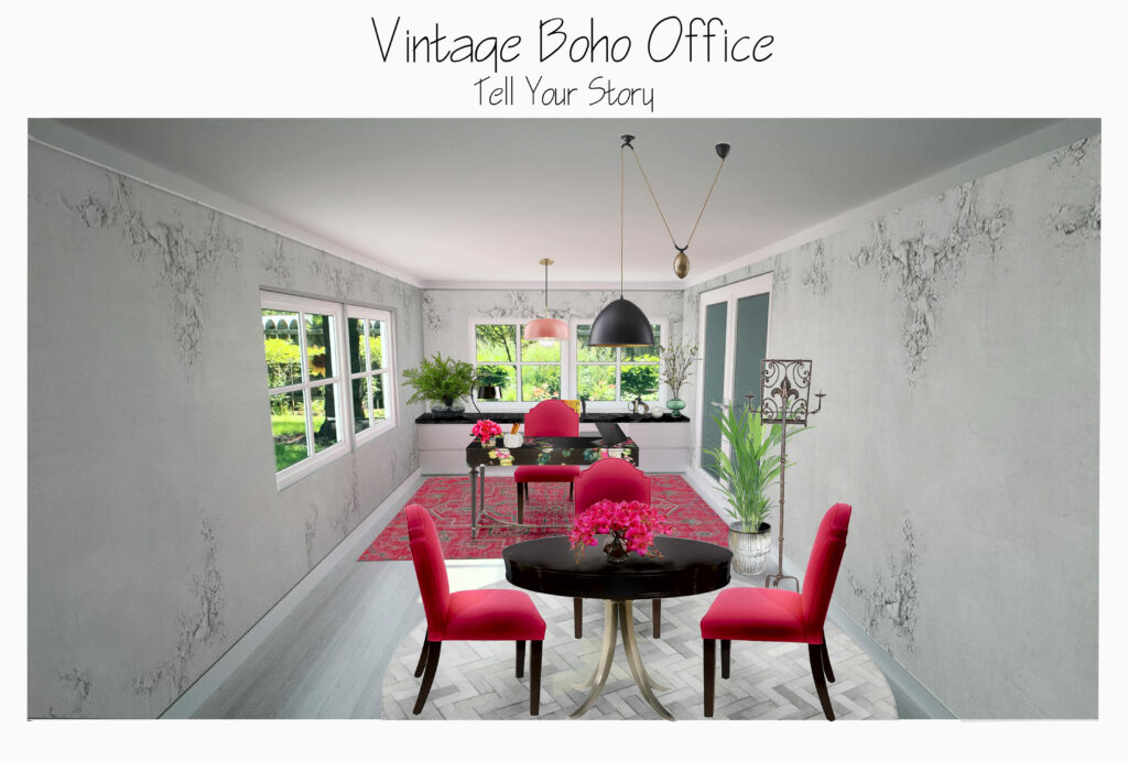 Vintage Boho Office- How a Designer Thinks. Northern Lights Home Staging and Design #Bohemian #Boho #globalstyle #designstyle #interiordesign #onlinedesign #globaldecor #vintage #officedesign #interiordesignstyle #modern #decor #eclectic #rustic #colorfuldecor #ethicdecor