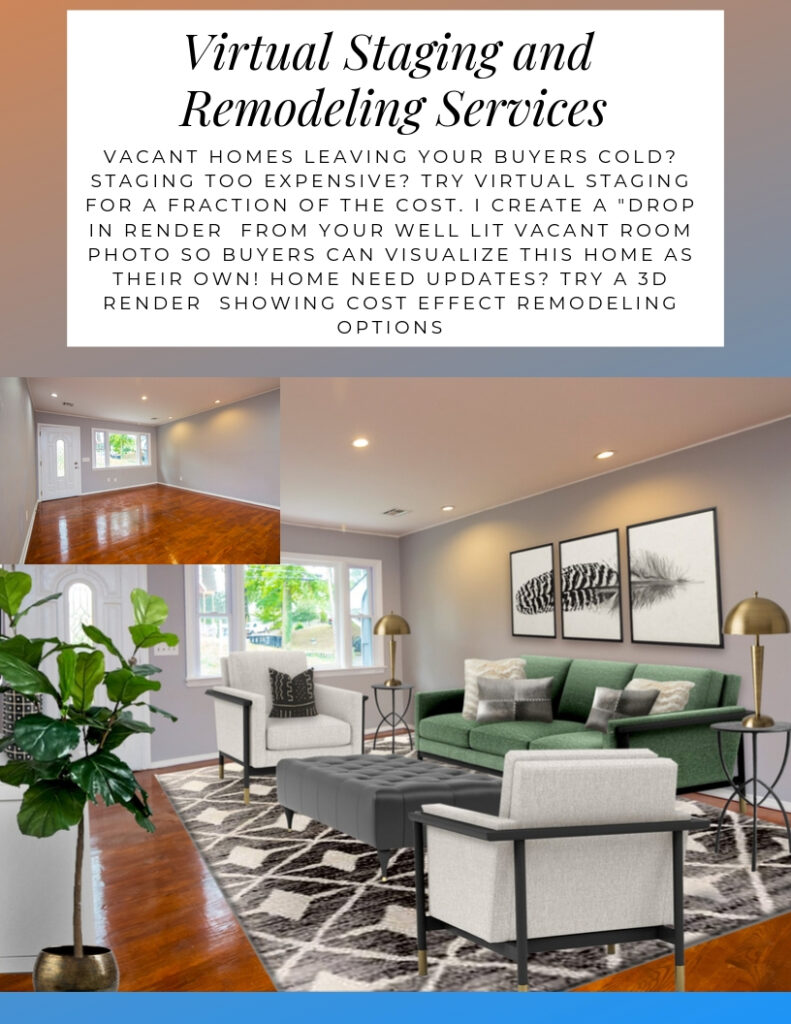 Virtual Home Staging for Realtors and New Home Buyers by Northern Lights Home Staging and Design. Drop in staging of your vacant room photo to show how it can look furnished, or 3d renders that show cost effective upgrades such as new flooring, paint or lighting with furniture.