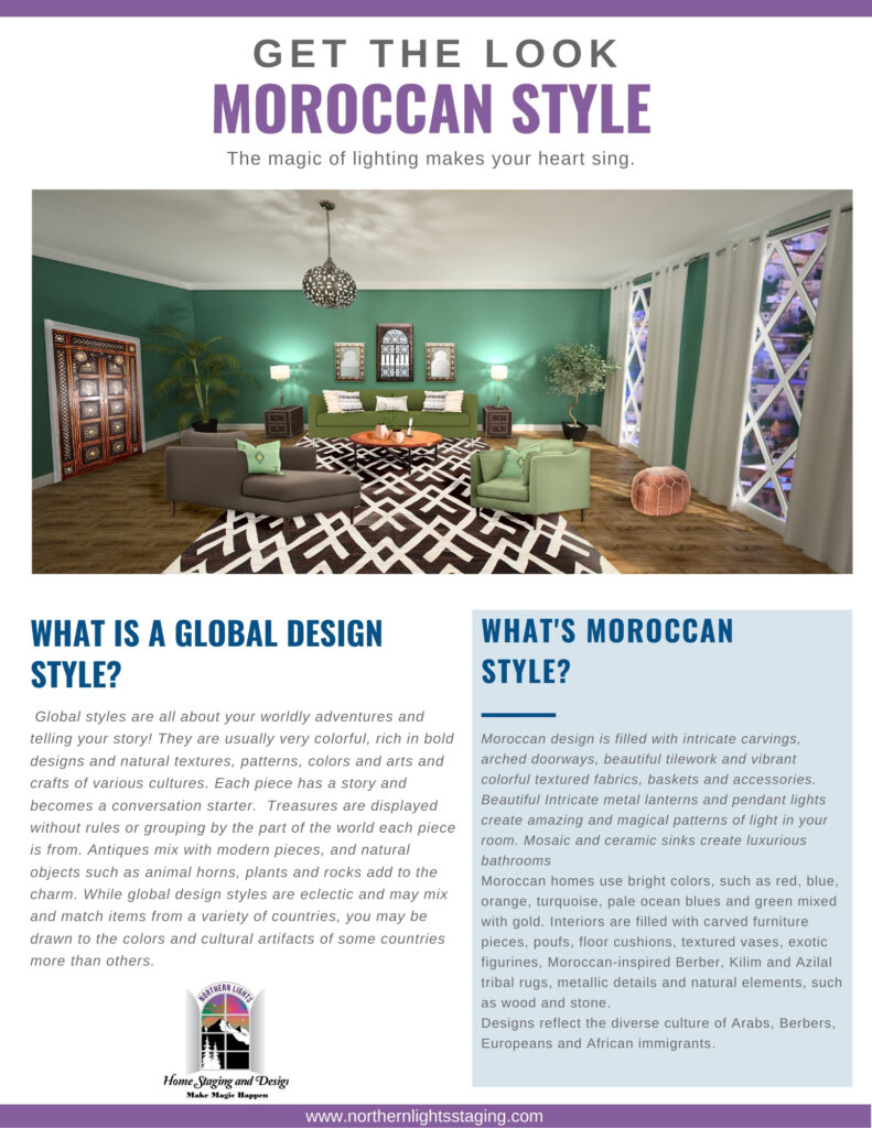 What is your global interior design style? Moroccan. Edesign of Moroccan style living room by Northern Lights Home Staging and Design.#globalstyle #interiordesign #moroccanstyle #bohemian #globaldecor #furniture #livingroom #eco-friendly #sustainabledesign #interiordecorating #edesign #onlinedesign #homedecor #moderndesigno-friendly #sustainabledesign #interiordecorating #edesign #onlinedesign #homedecor #moderndesign