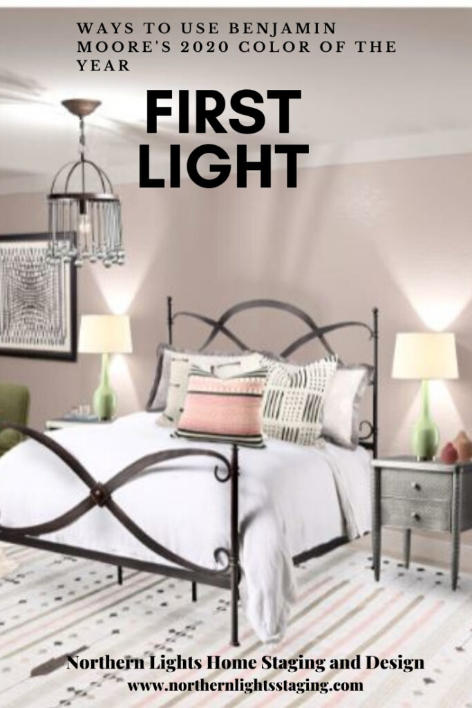 Ways to Use Benjamin Moore's 2020 Color of the Year- First Light even if you don't like the color. Global style master bedroom Edesign, online Interior Design. #edesign #onlinedesign #firstlight #benjaminmoore #coloroftheyear #colorconsulting #colorstrategist #masterbedroom #globalstyle #bohemian