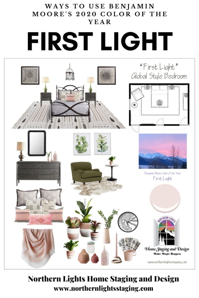 Ways to Use Benjamin Moore's 2020 Color of the Year- First Light even if you don't like the color. Global style master bedroom Edesign, online Interior Design. #edesign #onlinedesign #firstlight #benjaminmoore #coloroftheyear #colorconsulting #colorstrategist #masterbedroom #globalstyle #bohemian