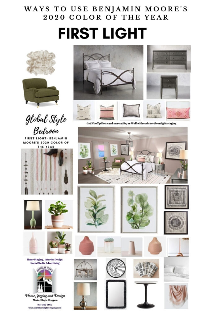 Ways to Use Benjamin Moore's 2020 Color of the Year- First Light even if you don't like the color. Global style master bedroom Edesign, online Interior Design. #edesign #onlinedesign #firstlight #benjaminmoore #coloroftheyear #colorconsulting #colorstrategist #masterbedroom #globalstyle #bohemian