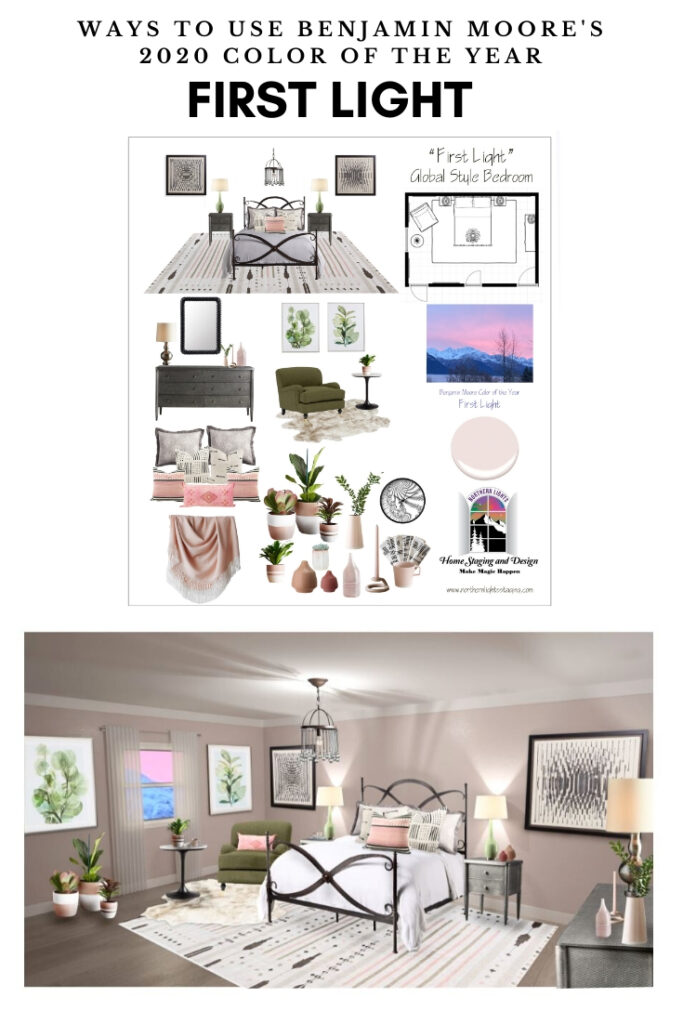 Ways to Use Benjamin Moore's 2020 Color of the Year- First Light even if you don't like the color. Global style master bedroom Edesign, online Interior Design. #edesign #onlinedesign #firstlight #benjaminmoore #coloroftheyear #colorconsulting #colorstrategist #masterbedroom #globalstyle #bohemian