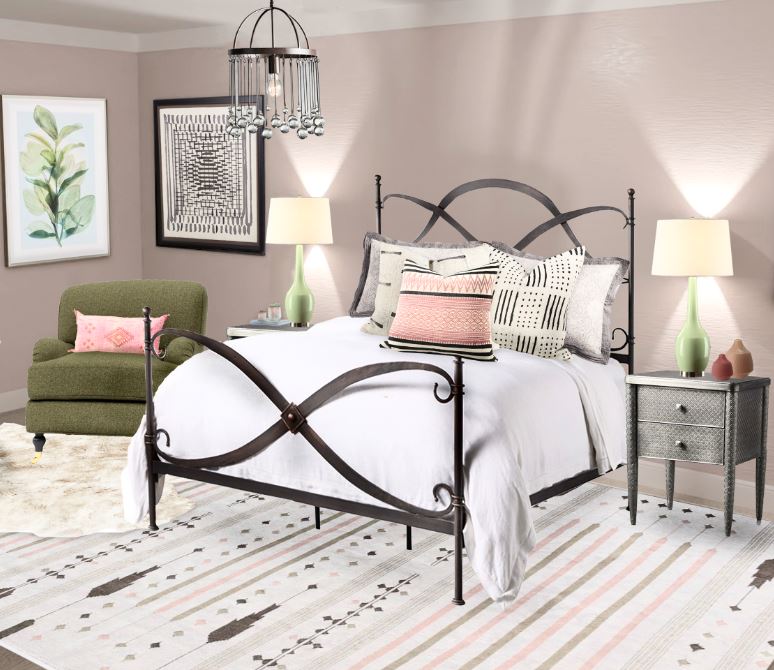 Ways to Use Benjamin Moore's 2020 Color of the Year- First Light even if you don't like the color. Global style master bedroom Edesign, online Interior Design. #edesign #onlinedesign #firstlight #benjaminmoore #coloroftheyear #colorconsulting #colorstrategist #masterbedroom #globalstyle #bohemian