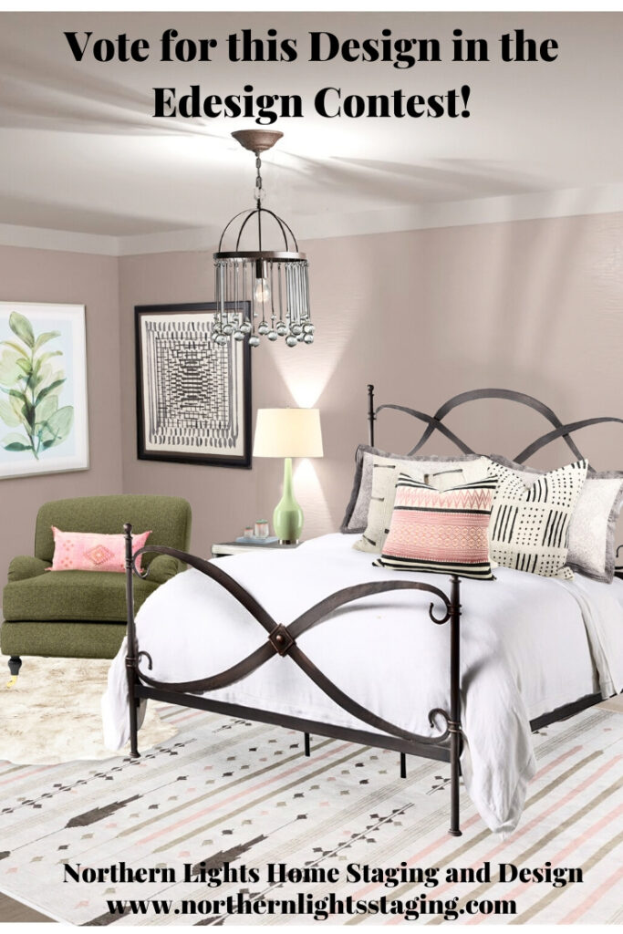 Vote for this Design in the Edesign Contest.Ways to Use Benjamin Moore's 2020 Color of the Year- First Light even if you don't like the color. Global style master bedroom Edesign, online Interior Design. #edesign #onlinedesign #firstlight #benjaminmoore #coloroftheyear #colorconsulting #colorstrategist #masterbedroom #globalstyle #bohemian