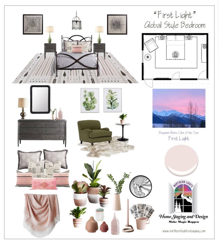 Ways to Use Benjamin Moore's 2020 Color of the Year- First Light even if you don't like the color. Global style master bedroom Edesign, online Interior Design. #edesign #onlinedesign #firstlight #benjaminmoore #coloroftheyear #colorconsulting #colorstrategist #masterbedroom #globalstyle #bohemian