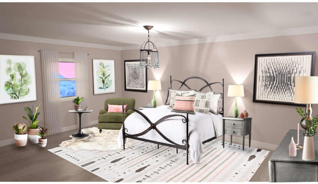 Ways to Use Benjamin Moore's 2020 Color of the Year- First Light even if you don't like the color. Global style master bedroom Edesign, online Interior Design. #edesign #onlinedesign #firstlight #benjaminmoore #coloroftheyear #colorconsulting #colorstrategist #masterbedroom #globalstyle #bohemian