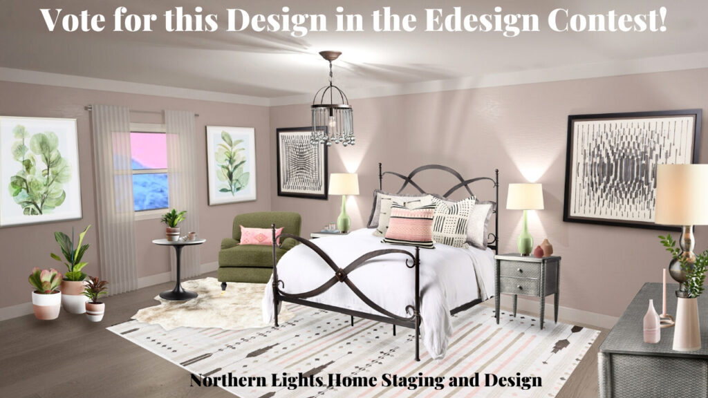 Vote for this Design in the Edesign Contest.Ways to Use Benjamin Moore's 2020 Color of the Year- First Light even if you don't like the color. Global style master bedroom Edesign, online Interior Design. #edesign #onlinedesign #firstlight #benjaminmoore #coloroftheyear #colorconsulting #colorstrategist #masterbedroom #globalstyle #bohemian