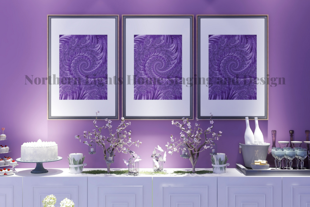 Modern Global Style Living Room- Elegant Birthday Party Virtual Background with Custom Fractal Art by Northern Lights Home Staging and Design.