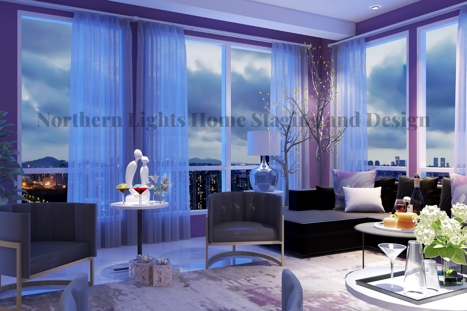 Modern Global Style Living Room- Elegant Birthday Party Virtual Background with Custom Fractal Art by Northern Lights Home Staging and Design.