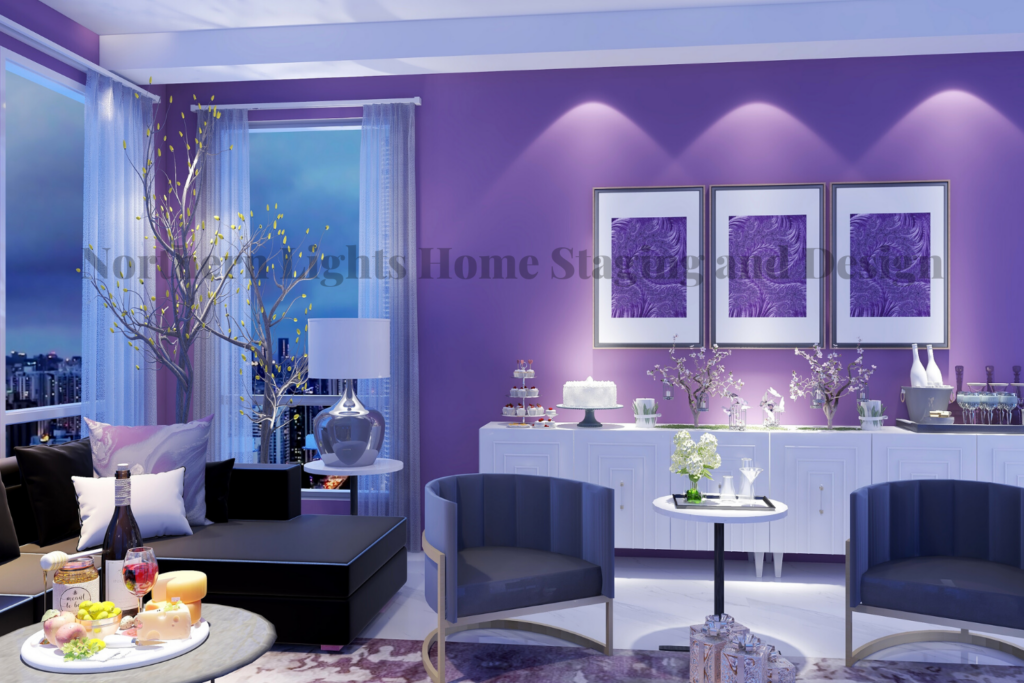 Modern Global Style Living Room- Elegant Birthday Party Virtual Background with Custom Fractal Art by Northern Lights Home Staging and Design.