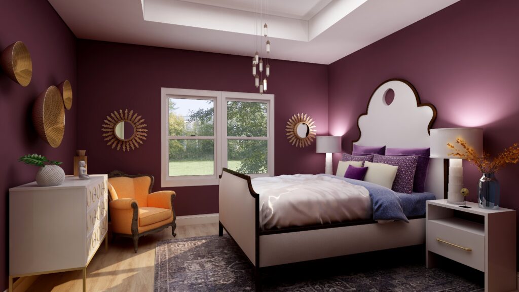 Master bedroom Edesign using Behr Euphoric Magenta by Northern Lights Home Staging and Design