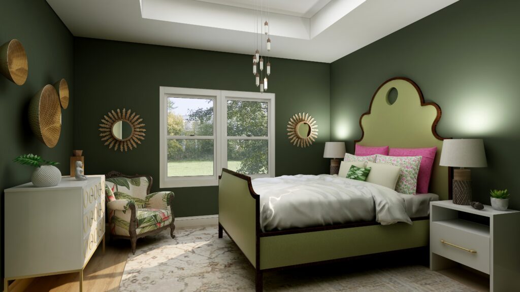 Master bedroom Edesign using Behr Royal Orchard by Northern Lights Home Staging and Design