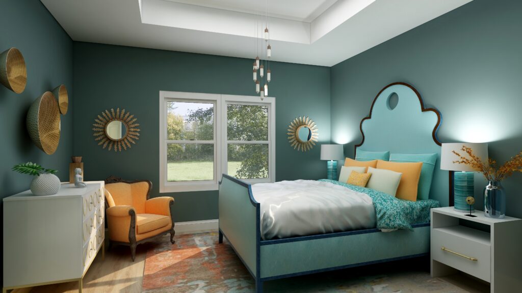 Master bedroom Edesign using Behr Voyage by Northern Lights Home Staging and Design