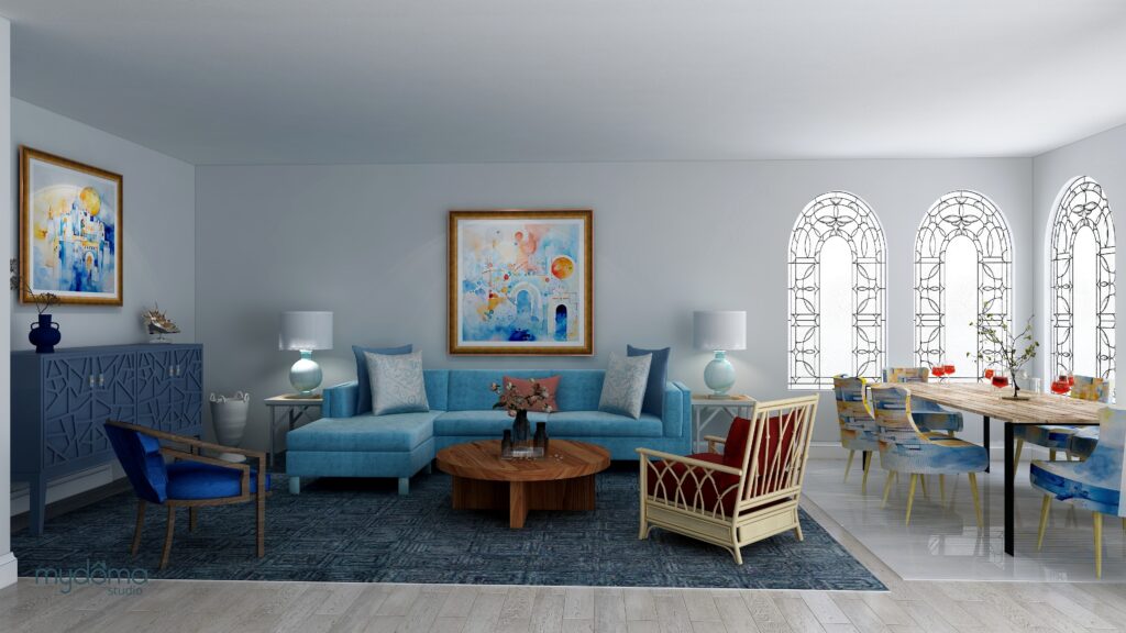 Energy art and Greek style Edesign of a living room by Mary Ann Benoit, Northern Lights Home Staging and Design
