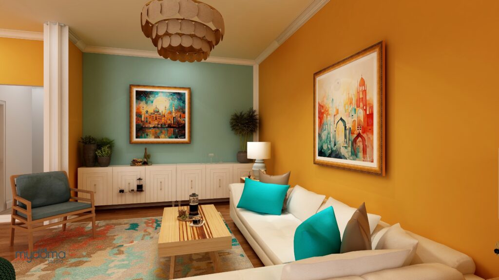 Indian style Edesign of a living room.