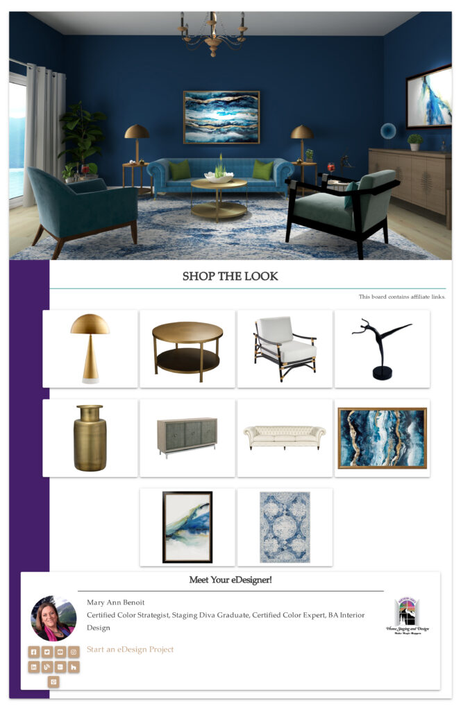 Create an exotic global style living room with a gorgeous blue rug