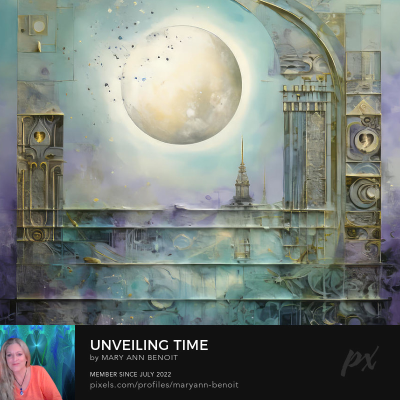 Unveiling Time by Mary Ann Benoit of Northern Lights Home Staging and Design. A mosaic of AI and fractal art.