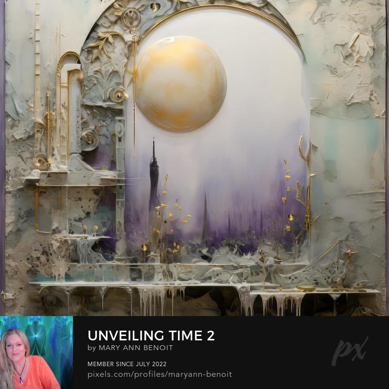 "Unveiling Time #2" by Mary Ann Benoit of Northern Lights Home Staging and Design. A mosaic of AI and fractal art.