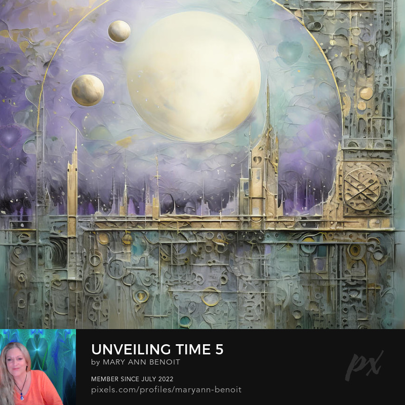 "Unveiling Time #5" by Mary Ann Benoit of Northern Lights Home Staging and Design. A mosaic of AI and fractal art.