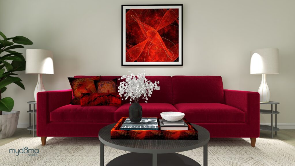 "Heart Chakra" energy art on the wall art and 2 pillows and tray and Sacral Chakra on one of the pillows.